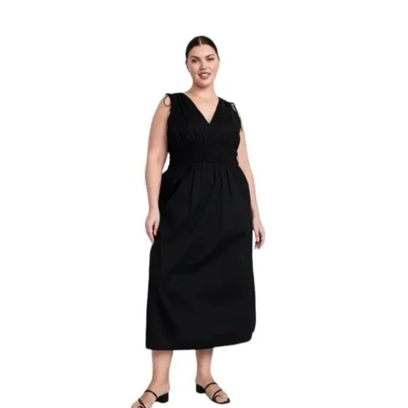 Old Navy Fit & Flare Sleeveless Tie-Shoulder Smocked Maxi Dress Size L New Black - Picture 4 of 13